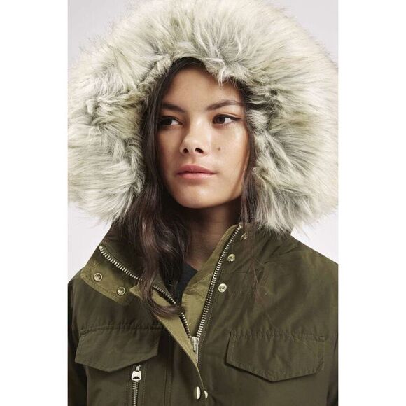 Topshop Jaxson Faux Fur Short Hooded Parka In Military Green - Picture 2 of 13